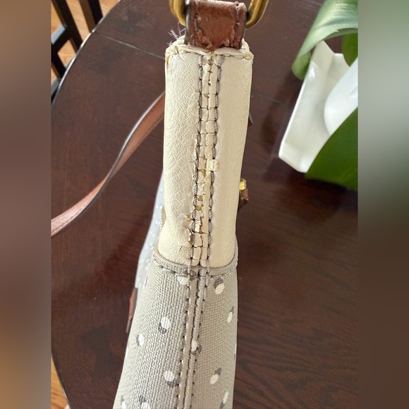 FOSSIL Crossbody Bag Tan Gray Shoulder Purse Polka Dot Adjustable Strap - Picture 9 of 10